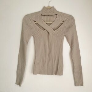 Jonathan Simkhai Ribbed Cut Out Charlee Turtleneck Knit Sweater tan cream small